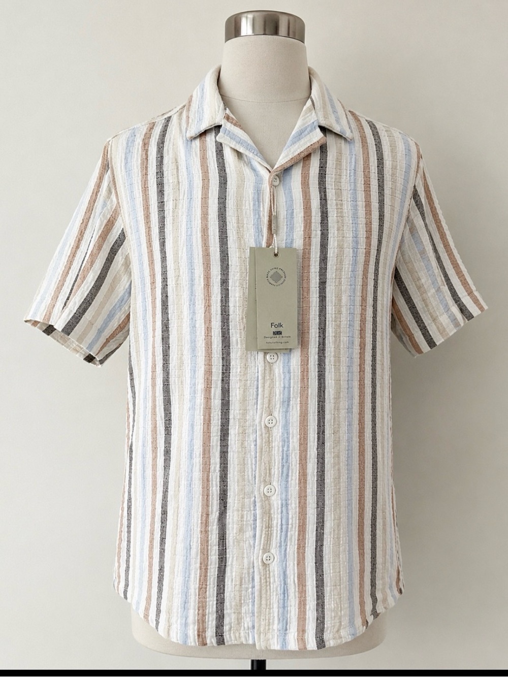 Folk Deck SS Shirt M NWT British Designer Striped Textured Cotton Relaxed Fit